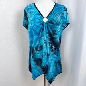 Vintage Y2K Fairy Velvet Burnout Top Womens XL Blue Tie Dye Floral Festival